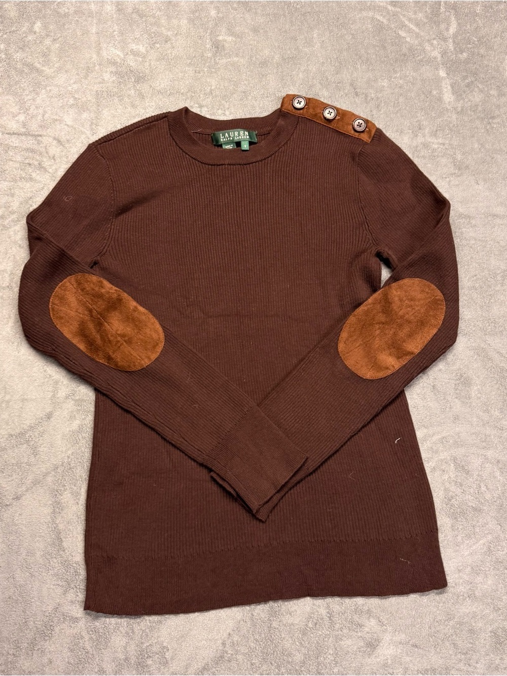 Ralph Lauren Brown Crewneck Sweater with Tan Elbow Patches